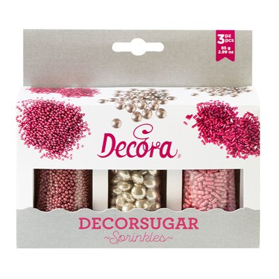 DECORA SET 3 BOTES 85 GR MIX SPRINKLES ROSA PLATA