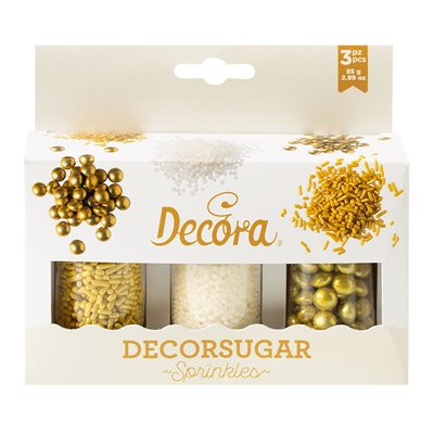 DECORA SET 3 BOTES 85 GR MIX SPRINKLES ORO BLANCO