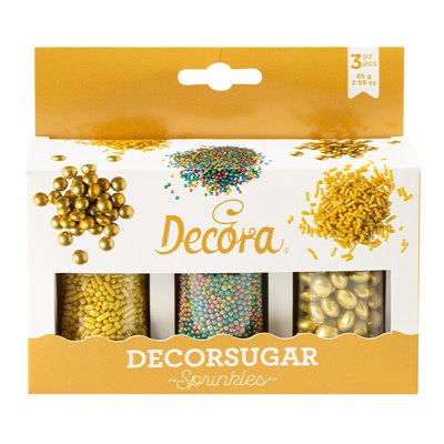 DECORA SET 3 BOTES 85 GR MIX SPRINKLES ORO COLORES